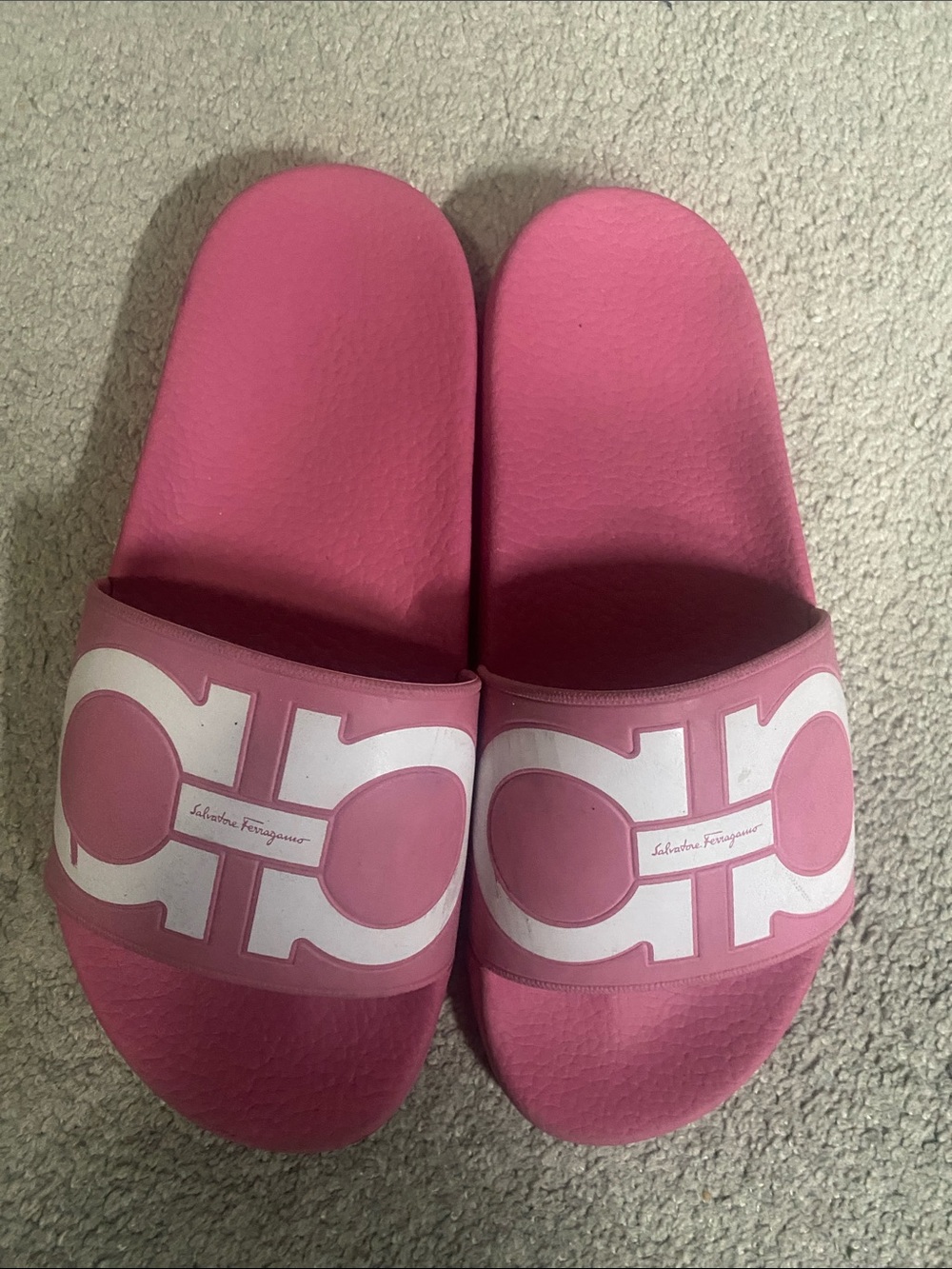 Salvatore Ferragamo Pink and White Logo Slide Sandals